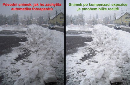 Příběh o tom, jak se z bílého sněhu, ze kterého skoro až pálí oči stal obyčejný šedivý sníh. Vpravo snímek po korekci expozice.
