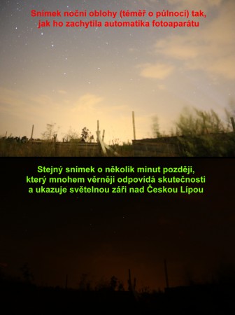 Použití korekce expozice při focení světelné záře nad Českou Lípou při úplňku